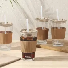 Mr. Coffee Sip Savvy 4-Pack 15oz Glass Tumblers with Lids and Straws