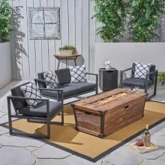 Christopher Knight Home Outdoor Aluminum 4 Seater Chat Set with Fire Pit, Gray/Brown