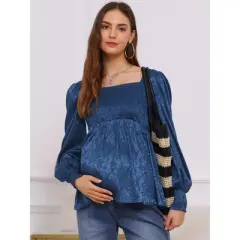 INSPIRE CHIC Women's Smocked Maternity Tops Square Neck Long Sleeve Shirts Pregnancy Blouses