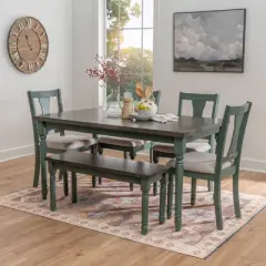 6pc Reagan Upholstered Chairs and Bench Dining Set Teal - Powell: Rubberwood, Mid-Century Modern, 4 Chairs