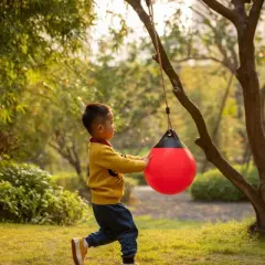 PLAYBERG Red Outdoor Patio Playground Hanging Adjustable Ball Round Swing, Inflatable Heavy Duty Rubber Round Swing Ball, Pump Included
