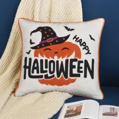 Yukimo 20x20 Happy Halloween Pumpkin Witch Throw Pillow with Embroidered Design, Seasonal Decor with Polyester Insert