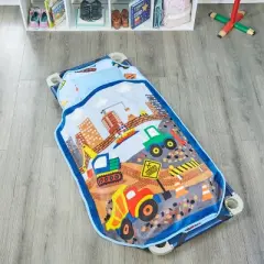 EVERYDAY KIDS Construction Toddler Cot Nap Mat for Home, Daycare, Preschool ; Easy to Roll Sleeping Mat with Elastic Straps, Pillow and Blanket