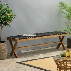 Mallett Outdoor Acacia Wood Bench with Rope Seating - Black/Teak - Christopher Knight Home: UV & Water-Resistant, 3-Person Capacity