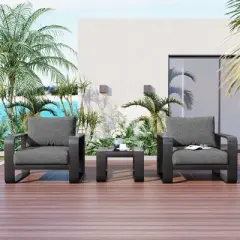 3PCS Outdoor Patio Conversation Set with Coffee Table and Two Chairs with 6.7" Thick Cushions, Gray -ModernLuxe