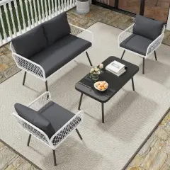 Patio Furniture Set, 2 PE Wicker Chairs with loveseat & Glass Top Coffee Table, Outdoor Couch Set with 5mm Cushions