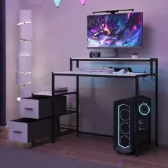 Famapy LED Gaming Desk Computer Desk with Metal Frame, Built - in Power Outlet, Drawers, and Elevated Dual - Layer Desktop