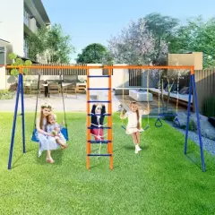 VEVOR Swing Sets for Backyard, 6 in 1 Swing Set with 2 Swings, Trapeze Bar, Climbing Ladder, Climbing Net, and Basketball Hoop, 440lbs Load Capacity