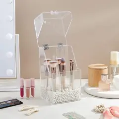 Glamlily Acrylic Makeup Brush Holder with Lid and Beads Cosmetic Organizer (6 x 5.7 x 9.25 In)