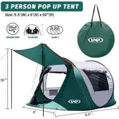 Anybear 3 Person Pop-up Tent Dark Green with 2 Doors for Camping Hiking