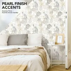RoomMates Peel and Stick Wallpaper: Removable Vinyl, Self-Adhesive, Modern Floral, Botanical Pattern, Beige, 28 Sq Ft Coverage