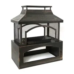 37-Inch Rectangular Metal Outdoor Wood Burning Fireplace,Outdoor Fireplace with Built-in Log Storage and Poker-Brushed Bronze,Log Burner Fire Pit