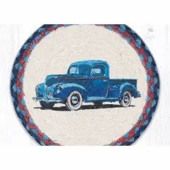 Earth Rugs Blue Truck Printed Round Trivet &ndash; 10"x10" Hand-Braided Natural Jute Hot Pad, Rustic Farmhouse Accent