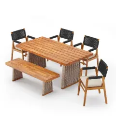Christopher Knight Home Liliana Rustic 6 Piece Outdoor Acacia Wood Dining Set with Rattan Slatted Table and Cushions