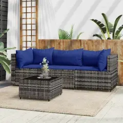 vidaXL Patio Furniture Set 4 Piece Patio Sofa with Cushions Gray Poly Rattan &ndash; Modular Outdoor Lounge Set with Tempered Glass Coffee Table