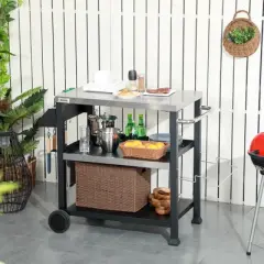 Three-Shelf Outdoor Grill Cart with Stainless Steel Tabletop, Side Handle,Pizza Oven Stand, Movable Food Prep Table on Wheels, Black