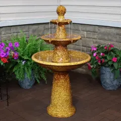 Sunnydaze 43"H Electric Ceramic 3-Tier Floral Motif Outdoor Water Fountain with LED Lights