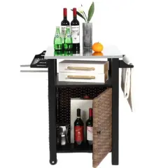 Outdoor Kitchen Wicker Island Rolling Cart & Storage Cabinet, Wheels and Stainless Steel Extended Table Top Brown
