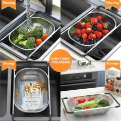 Over the Sink Colander - Strainers and Colanders -Expandable Fine Mesh Strainer with Rubber Grip for Veggie, Fruits, Pasta,