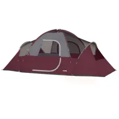 CORE Extended Dome Tent 16 x 9 Foot 9 Person Camping Tent with Air Vents, Organizer Pockets, Stakes, Rainfly, and Zippered Privacy Panels, Red