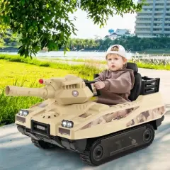 Costway Electric Kids Ride On Tank with Rubber Tracks Rotatable Turret & Working Cannon