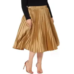 Agnes Orinda Women's Plus Size Pleated Stretched High Waist Premium Metallic Shiny Midi Skirts