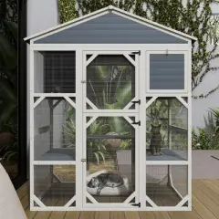 Wooden Outdoor Catio Cat House with Waterproof Roof,Walk-in Enclosure with 3 Platforms and 2 Napping Houses for Multiple Cats-Maison Boucle