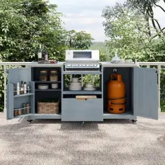 Outdoor Kitchen Island, Solid Wood Outdoor Grill Cart, Grill with Wood Frame and Stainless Steel Top, Grill with Wheels-Coolbibila