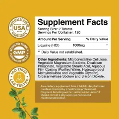 Lysine Tablets, High Strength L-Lysine Supplement for Eye Health Lip Care Collagen Synthesis and Immune Support, Nature's Craft, 240ct