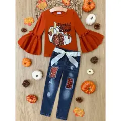 Girls Thankful, Grateful, Blessed Patched Jeans Set - Mia Belle Girls