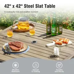 Captiva Designs 5pc Patio Dining Steel Set with Wood-like Square Table & Stackable Chairs with Bull's Eye Pattern