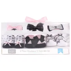 Hudson Baby Infant Girl Headband and Socks Giftset 6pc, Black Pink Bows, One Size