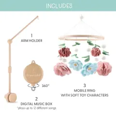 The Peanutshell Deluxe Wooden Crib Mobile Set with Arm, Music Box and Wildflower Baby Mobile, Pink