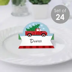Big Dot of Happiness Merry Little Christmas Tree - Red Truck Christmas Party Tent Buffet Card - Table Setting Name Place Cards - Set of 24