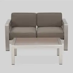 Cape Coral 2pc Aluminum Loveseat and Coffee Table Set Khaki - Christopher Knight Home: Weather-Resistant, Polyester Cushions