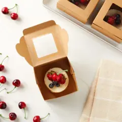 Juvale 25 Pack Mini Individual Cake Boxes with Display Window for Bakesale, Cupcakes, Donuts, Kraft Paper Material, 4 x 4 x 2.5 In