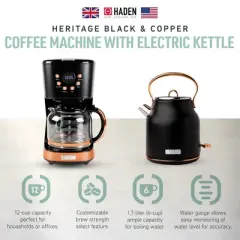 Haden Heritage 1.7 Liter Stainless Steel Electric Kettle Bundled with 12 Cup Drip Coffee Maker, Coffee Machine with Auto Shut-Off, Black & Copper