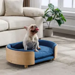 Bulldog Large Dog Beds With Removable Washable Cover, Velvet Cushion With Solid Wood legs and Bent Wood Back-The Pop Home