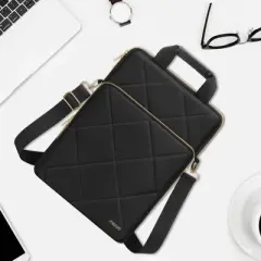 Vertical Laptop Shoulder Bag,15-15.6 inch Computer Bag, Rhombus Quilted Messenger Bag with Front Pocket&Handle&Belt, Black