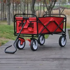 FURNIinspire Wheelbarrows And Lawn Carts Folding Wagon Cart, Collapsible Garden, Beach And Shopping Utility Cart With Handle, Red, 41&ldquo;*21"*46"