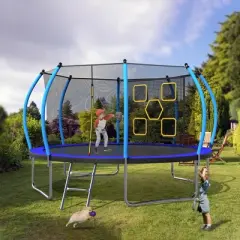 NAYSAYE Trampoline with Safety Net and Ladder for Outdoor Fun and Fitness, Black and Blue, 168.00"*168.00"*104.00"