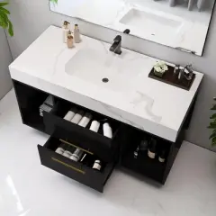 Mshliw 39.4 Inch Wall Mounted Bathroom Vanity with Ceramic Sink, Floating Vanity with White Slate Top and 2 Drawers