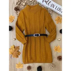 Girls Marigold Glam Cable Knit Belted Sweater Dress - Mia Belle Girls