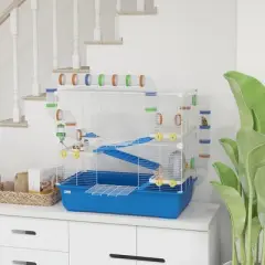 PawHut Hamster Cage, 4 Tier Small Animal Cage Rat Cage with Tunnel Tube System, Hut, Exercise Wheel, Water Bottle, Food Dish, for Syrian, Gerbil, Blue