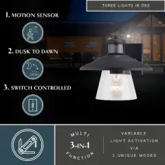 VAXCEL Westport Steel LED Compatible Black Motion Sensor Dusk to Dawn Outdoor Wall Light Coastal Clear Glass