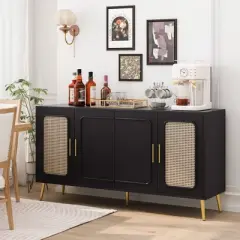59.84" Buffet Cabinet With Storage, Accent Buffet Cabinet With 4 Doors, Sideboard Storage Cabinet With Rattan Decor For Living Room Dining Room