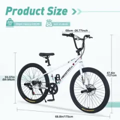 INFURNIC Bicycles Freestyle Kids Bike with Shimano 7 Speed and Double Disc Brakes for Boys and Girls 12 Years and Up, White, 68.8"*26.77"*47.6"