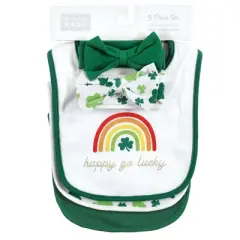 Hudson Baby Infant Girl Cotton Bib and Headband or Caps Set, St Patricks Rainbow, 0-9 Months