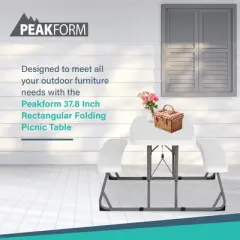 Peakform 37.8 Inch Rectangular Folding Picnic Table, Multipurpose Indoor Outdoor Durable Furniture with Double Bench Seating, White/Black