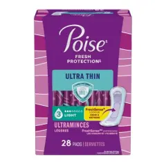 Poise Ultra Thin Incontinence Pads for Women - Light Absorbency - 3 Drop - Regular - 28ct